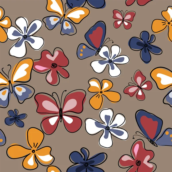 Elegante patrón sin costuras con mariposas y flores — Vector de stock