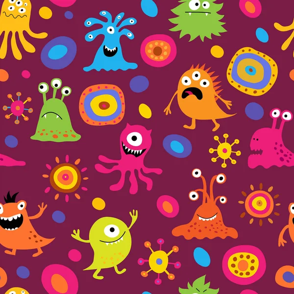 Cute seamless background with patterns and monsters — Stock Vector