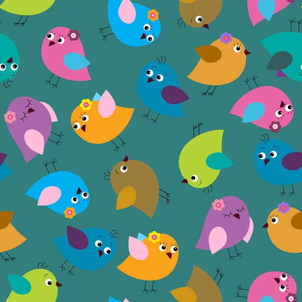 Cute seamless background with bright birds on a green background — Stock Vector