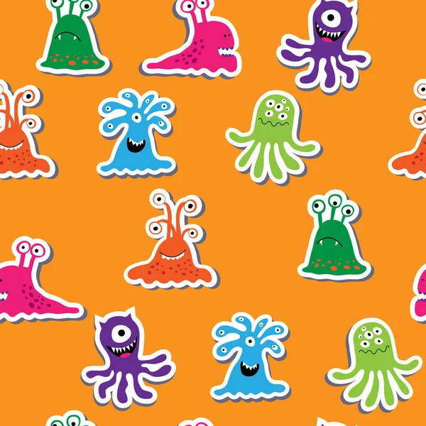 Nahtlose Textur mit Cartoon-Monstern auf orangefarbenem Hintergrund — Stockvektor