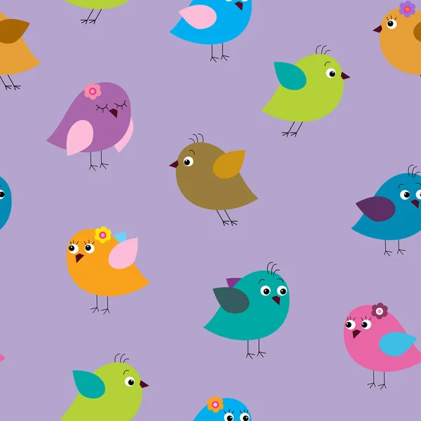 Seamless texture with cartoon birds on a lilac background — Stock Vector