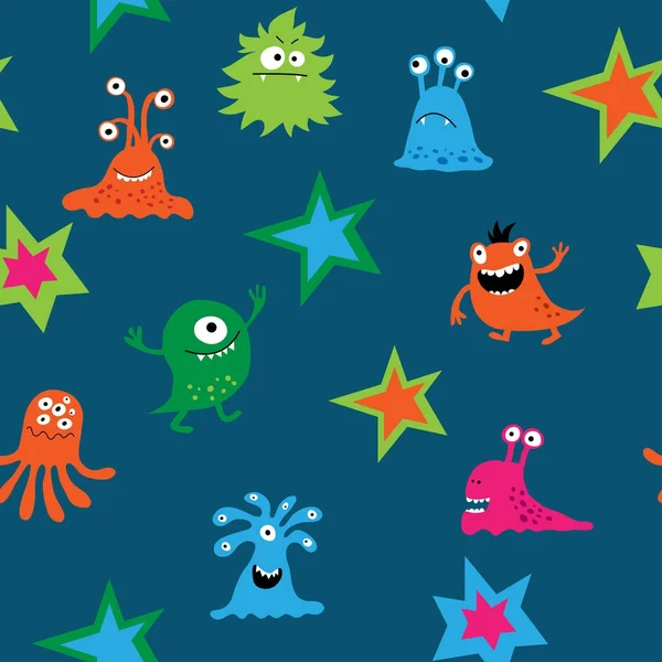 Seamless texture with cartoon monsters on a blue background — Stock Vector