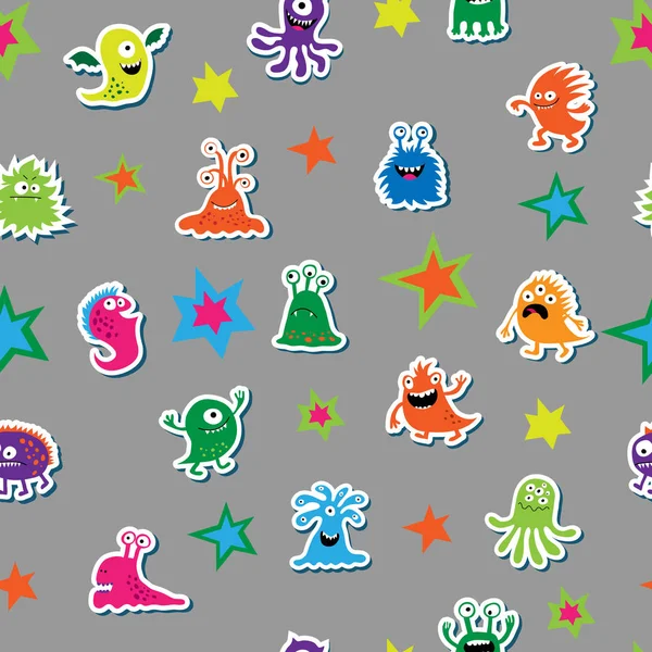 Seamless texture with cartoon monsters on a gray background — Stock Vector