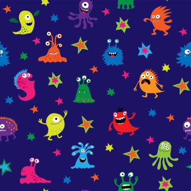 Mavi bir arka plan üzerinde çizgi film canavarlar ile şirin seamless modeli