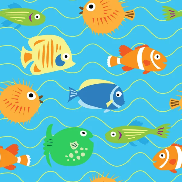 Απρόσκοπτη χαριτωμένο μοτίβο με διάφορα τροπικά ψάρια — Διανυσματικό Αρχείο