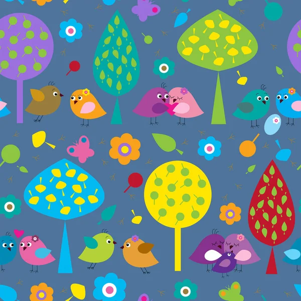 Seamless pattern with cute little birds in the background of tre — Stock Vector