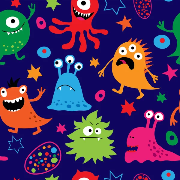 Seamless pattern with cute cheerful multi-colored monsters — Stock Vector