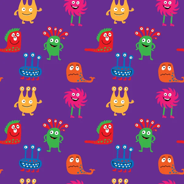 可爱的无缝模式与不同的怪物紫色 backgr — 图库矢量图片