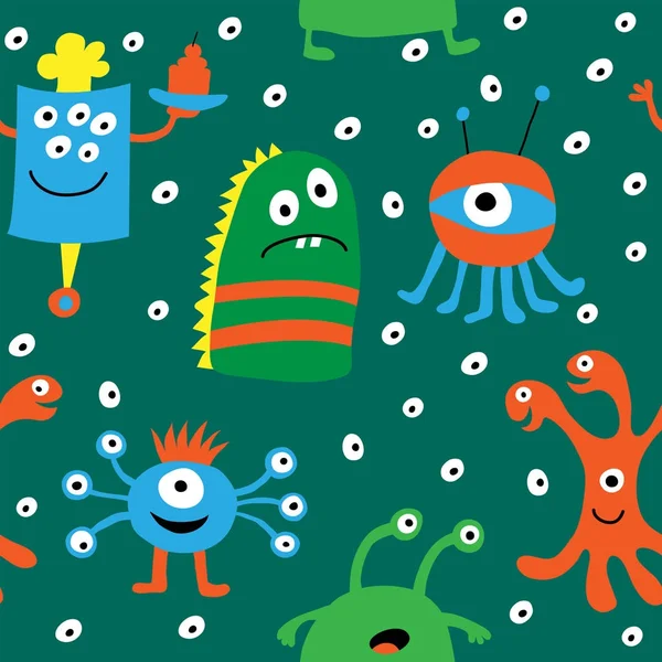 Seamless pattern with cartoon aliens on a green background — Stock Vector