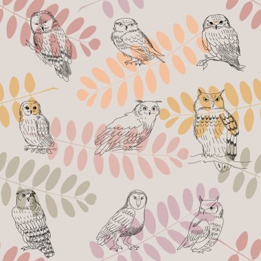 Akasya ve baykuş sonbahar dallar ile Seamless Modeli