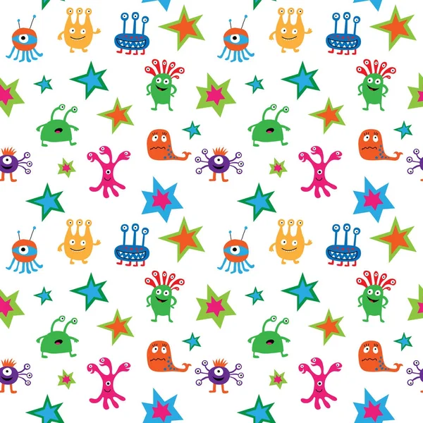 Seamless pattern with aliens and stars on white background — Stock Vector