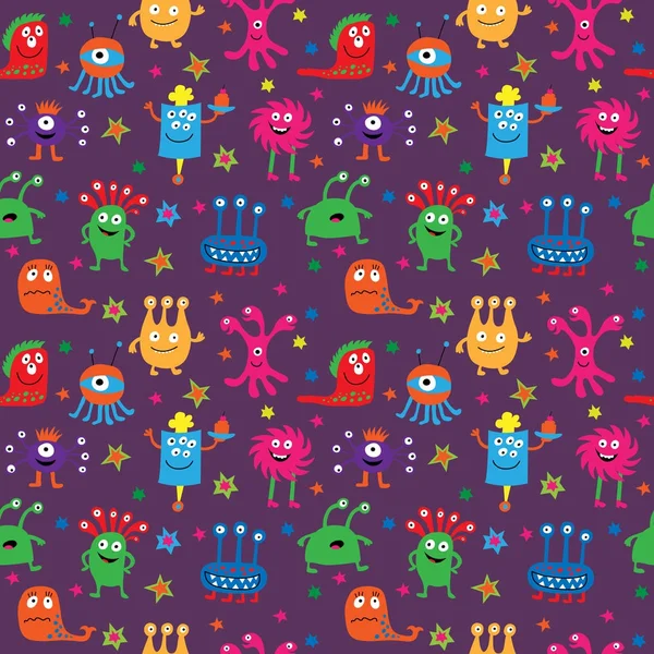 Seamless pattern with aliens and stars on a purple background — Stock Vector