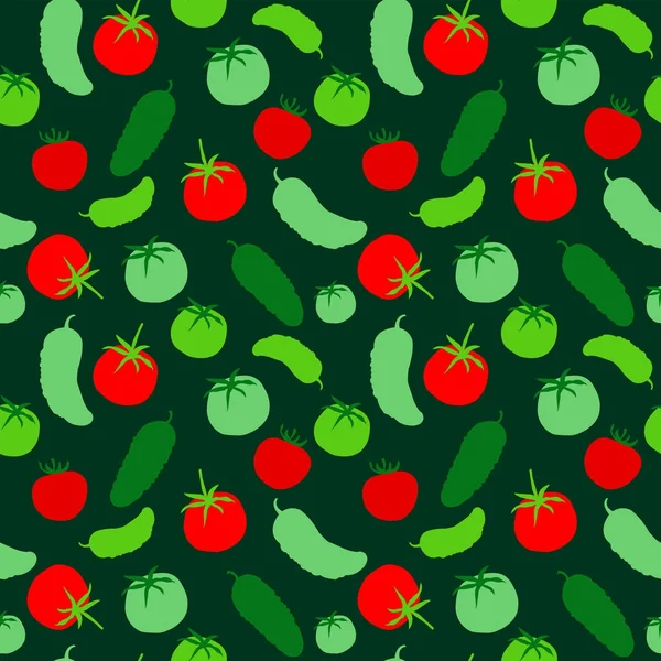 Modello senza cuciture con pomodoro e cetriolo su sfondo verde — Vettoriale Stock