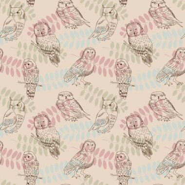 Baykuşlar ve yaprakları ile Seamless retro modeli