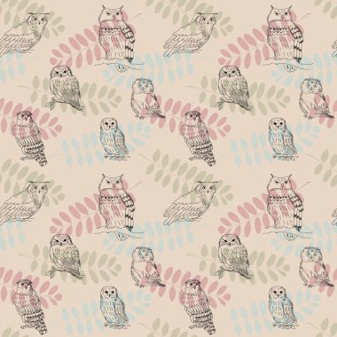 Retro tarzı baykuşlar ve yaprakları ile Seamless Modeli