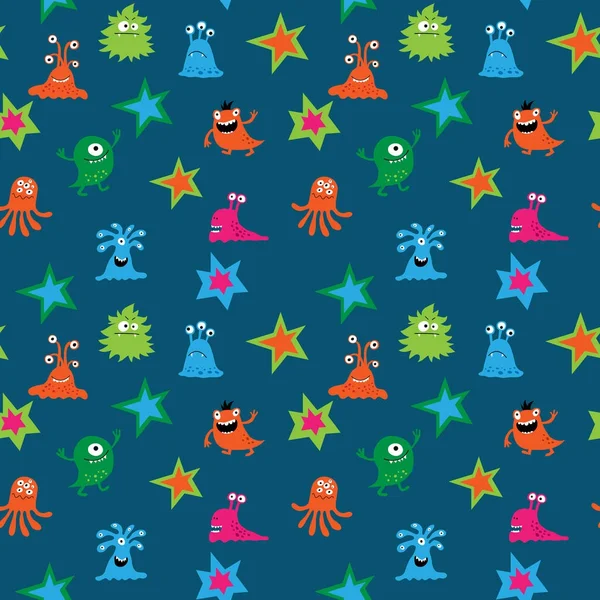 Seamless pattern with funny aliens and stars — Stock Vector