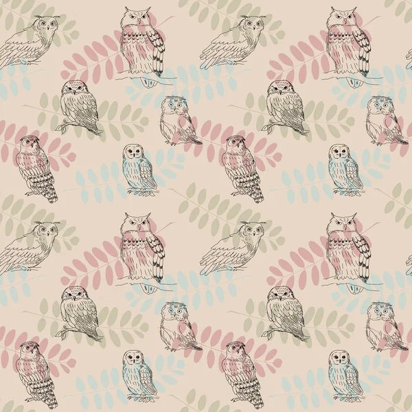 Seamless pattern in retro style with owls and leaves