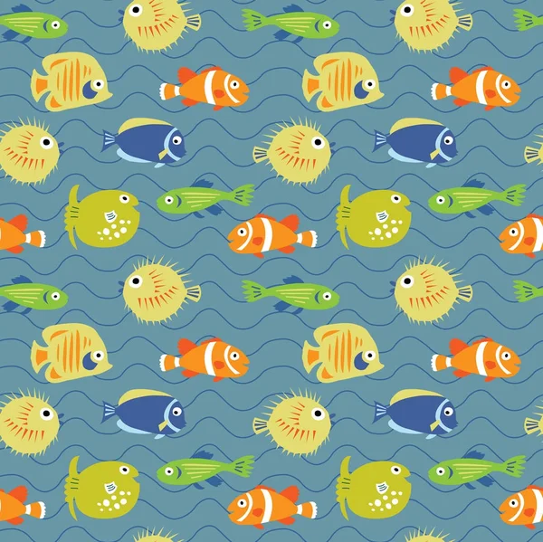 Cute seamless background with tropical fish on waves — Stock Vector