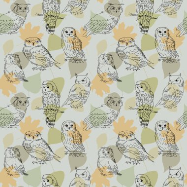 Yaprakların bir arka plan üzerine boyalı baykuşlar ile Seamless Modeli