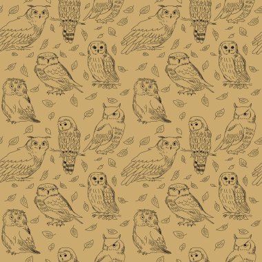 Dekoratif stilize baykuşlar ve yaprakları ile sorunsuz doku