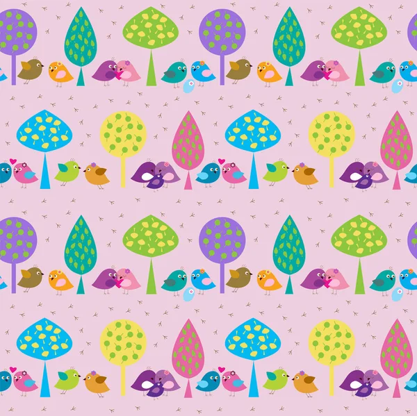 Seamless pattern with cute birds on a pink background — Stock Vector