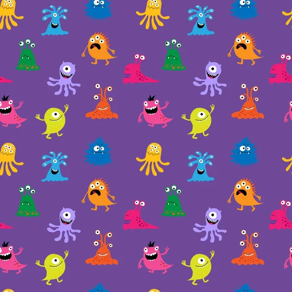 Nahtloser Hintergrund mit niedlichen Aliens auf violettem Hintergrund — Stockvektor