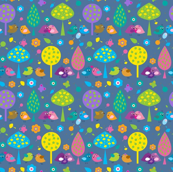 Seamless pattern with cute birds on a blue background — Stock Vector