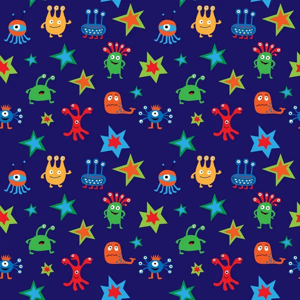 Бесшовная текстура с декоративными стилизованными инопланетянами и звездами — стоковый вектор