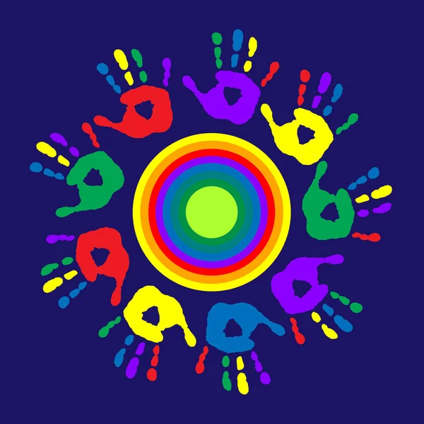 Logotipo con un círculo multicolor y huellas de palma — Vector de stock