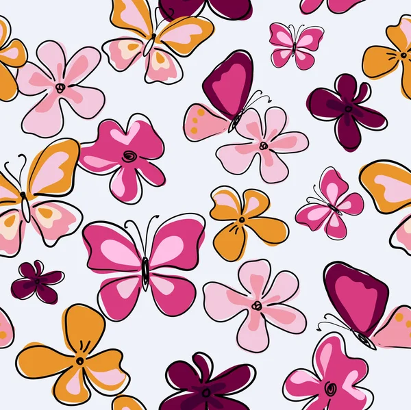 Linda textura sin costuras con flores decorativas y mariposas — Vector de stock