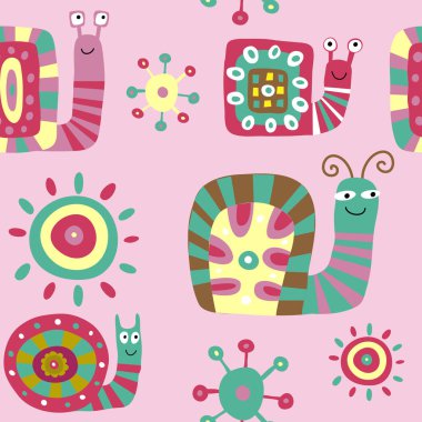 Pembe bir backgro üzerinde dekoratif salyangoz desenle şirin çocuk
