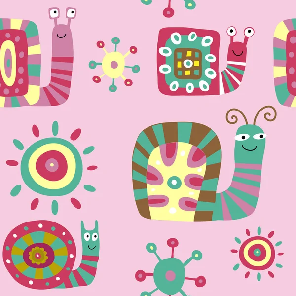 Roztomilý dětský vzor s dekorativní hlemýždi na růžové backgro — Stockový vektor