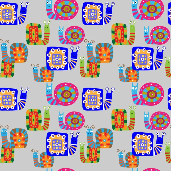 Lindo patrón infantil con caracoles decorativos en un fondo gris — Vector de stock