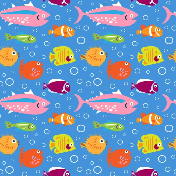 Seamless decorative cute pattern with multi-colored fishes — Stock Vector