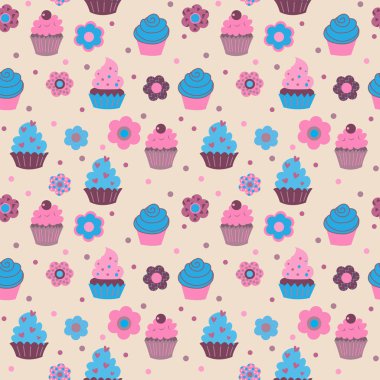 Seamless modeli üzerinden çiçek ile şirin dekoratif cupcakes