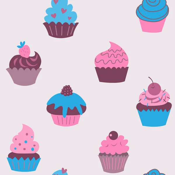 Cute seamless pattern of cupcakes with flowers — Stock Vector