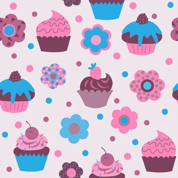 Patrón sin costuras de lindos cupcakes con flores — Archivo Imágenes Vectoriales
