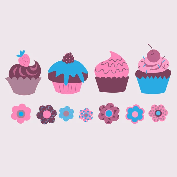 Impresión de lindos cupcakes decorativos con flores — Vector de stock