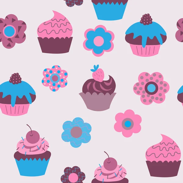 Fondo sin costuras de lindos cupcakes con flores — Vector de stock