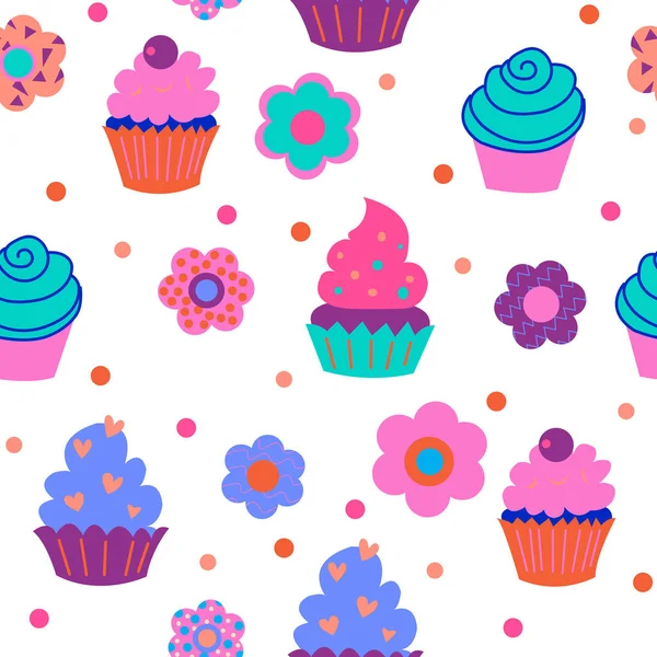 Ornamento sem costura de cupcakes decorativos bonitos com flores — Vetor de Stock