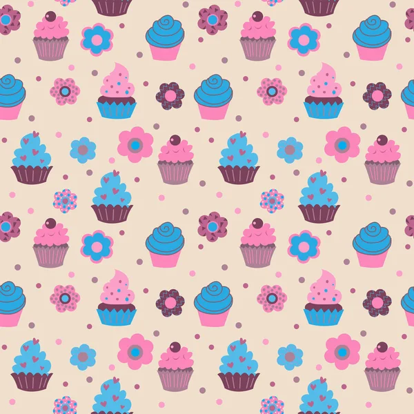 Padrão sem costura de cupcakes decorativos bonitos com flores —  Vetores de Stock