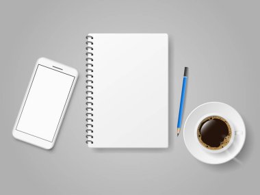 Çizim defterinde ve cep telefonunda boş ekranlı küçük çalışma alanının vektörü