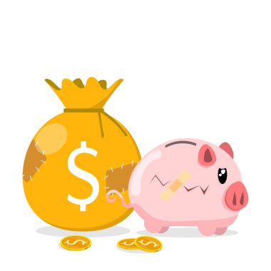 Bozuk para çantası yama zavallı domuz bankası bandajı, altın sikkeler düz vektör