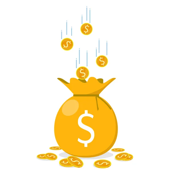 çanta çuvalı altın sikkeler düşme konsepti düz vektör