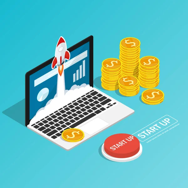 izometrik roket hızlı başlatma dizüstü bilgisayarı, ekommerce iş başlatma projesi, düğmeye basarak düz vektör başlat
