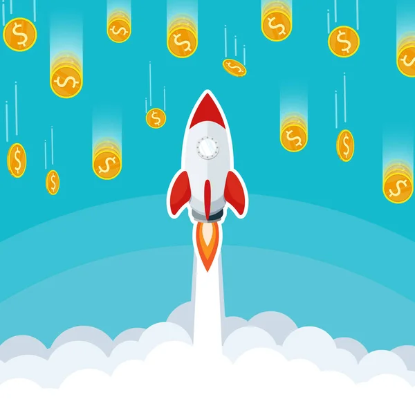 Start Firmy Start Rakety Obloze Mrak Zlatá Mince Padající Oblohy — Stockový vektor