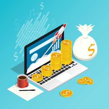izometrik roket hızlı başlatma, büyüyen iş büyüme adımı grafiği, ticari altın sikke bayrağı vektörü