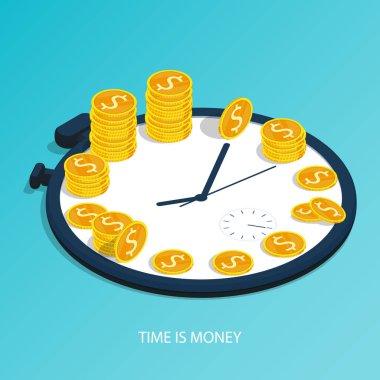 İzometrik zaman para, zaman yönetimi iş saati altın para yığını vektörü