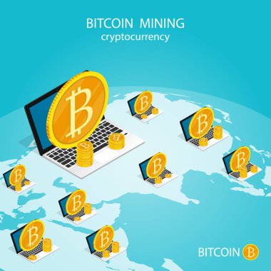 izometrik bilgisayar altın sikkesi, bitcoin kripto para dijital para, madencilik bitcoin vektörü
