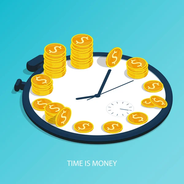 Isometric Time Money Time Management Business Clock Gold Pile Coin — Stock Vector